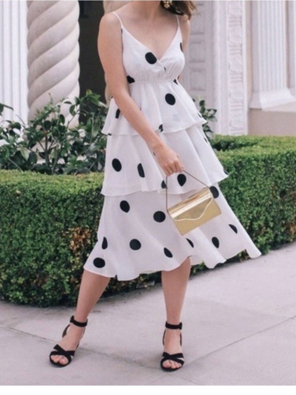 Polka Dot Tiered White Midi Dress with Spaghetti Straps